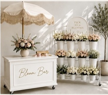 Bloom Bar flower cart styled with fresh seasonal blooms