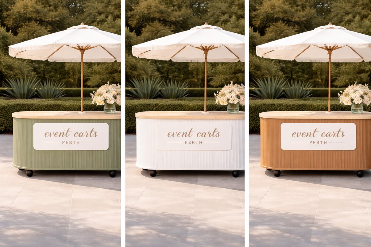 Event cart collection in sage, white, and tan