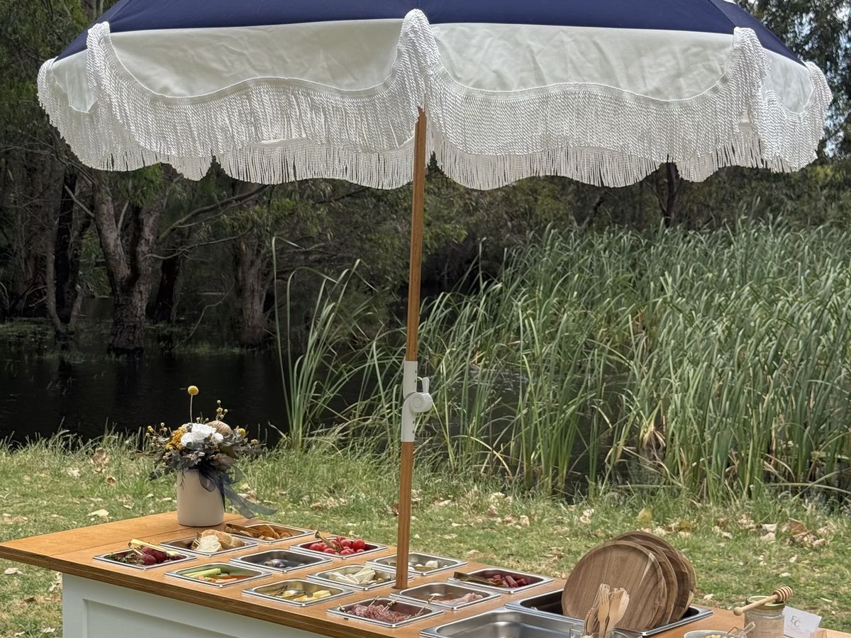 Charcuterie grazing cart with inset compartments, timber top, and gold lettering